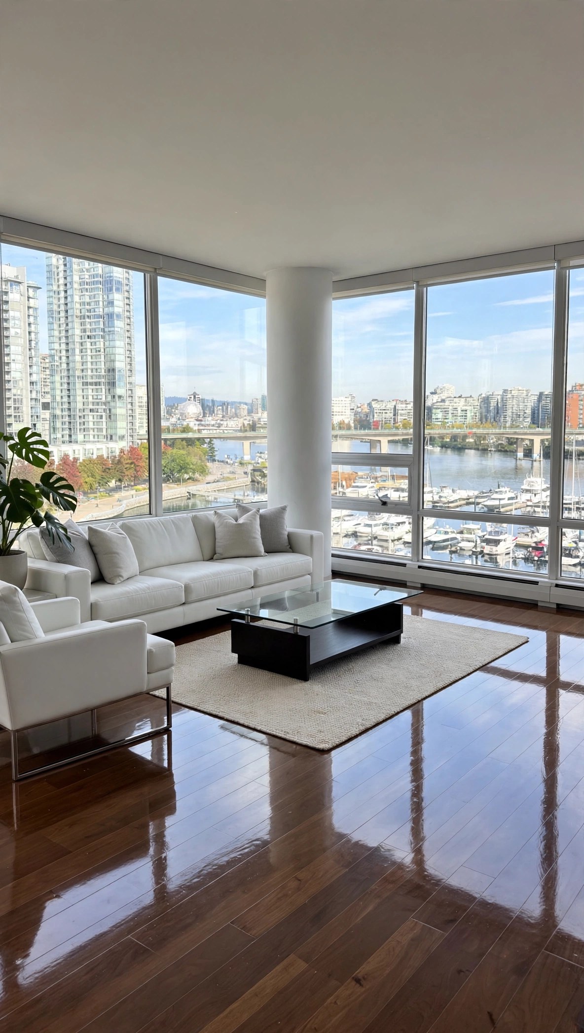 Wide view of a spotless downtown Vancouver condo cleaned by Metro Vancouver Cleaning — gleaming floors, white sofa and floor-to-ceiling windows over False Creek marina