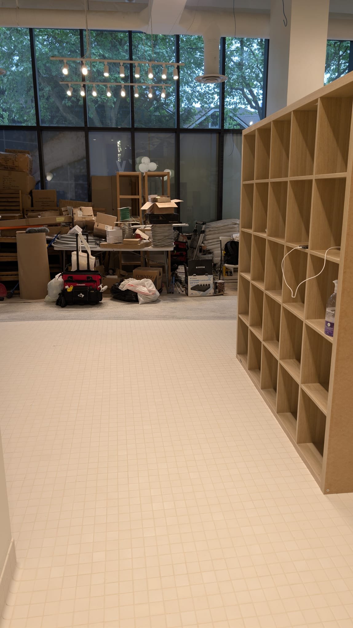 Bright, freshly cleaned school and learning space with storage cubbies